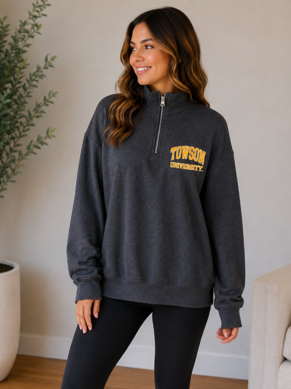Towson University Women’s Dark Gray Quarter-Zip Pullover Sweatshirt, size Large